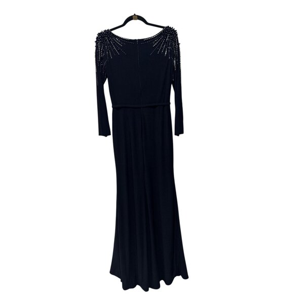 IEENA for MAC DUGGAL Women Long Sleeve Faux Wrap Jersey Gown Navy Embellished Dr - Picture 3 of 6